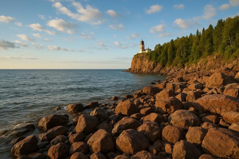 Lake Superior Minnesota rocky shoreline wallpaper on desktop screen
