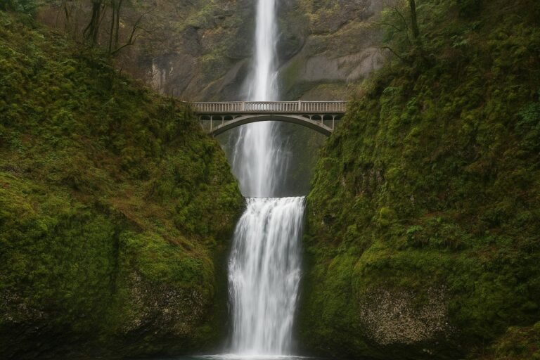 Multnomah Falls Oregon waterfall with moss-covered cliffs wallpaper