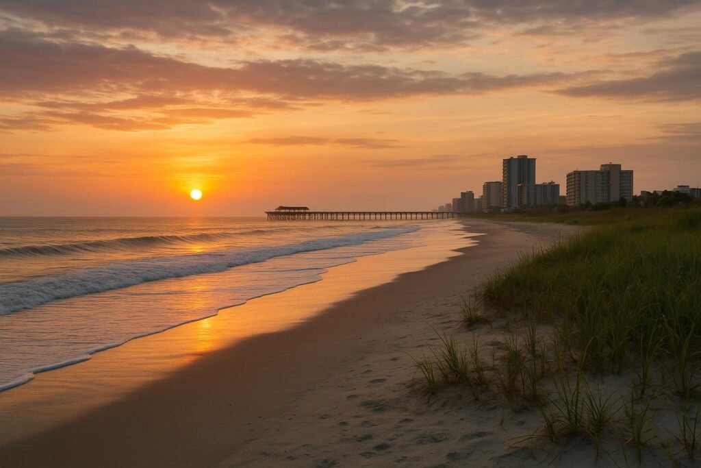 Sunrise over Myrtle Beach, South Carolina, ocean view with warm morning light