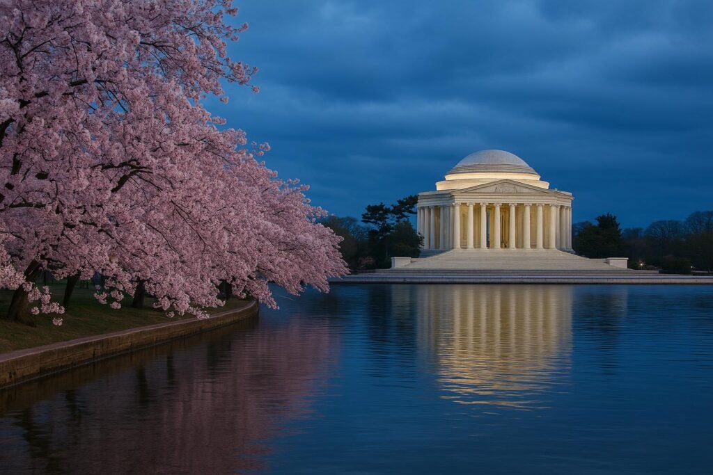 Cherry blossoms along the Potomac River in Washington DC with clear blue sky