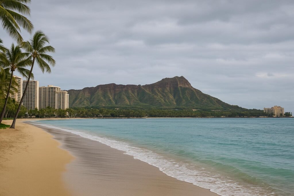 Waikiki Beach wallpaper showing Diamond Head under a clear blue sky