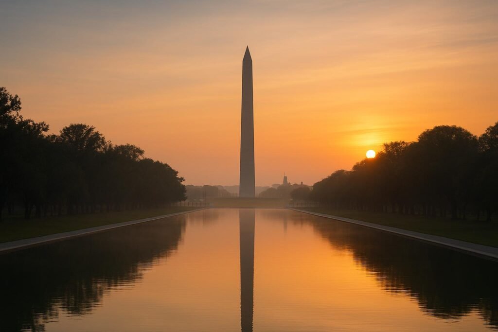 Sunrise view of the Washington Monument in Washington DC