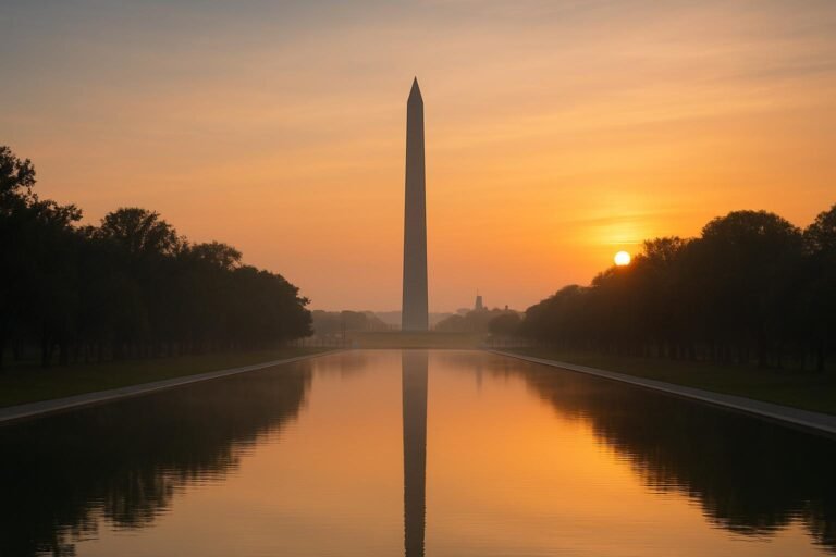 Sunrise view of the Washington Monument in Washington DC